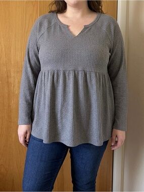 Torrid Gray Waffle Babydoll Top Long Sleeve NWT Plus Size 1X Tunic Academia